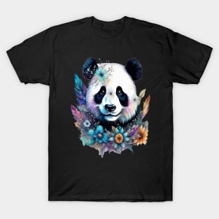 Fantasy, Watercolor, Panda Bear With Flowers and Butterflies T-Shirt